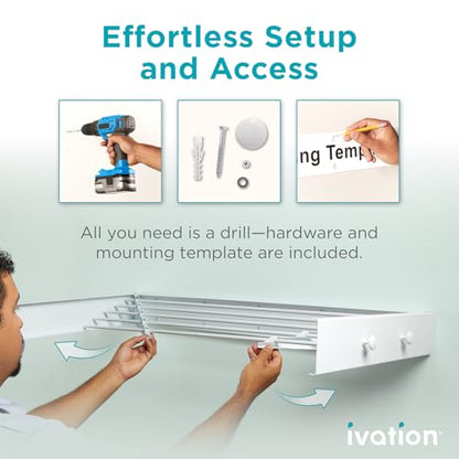 Ivation Retractable Wall Mounted Clothes Drying Rack, 40" Foldable Laundry Drying Rack for Clothing | Collapsible Space-Saving Design & 5 Rods | Easy Installation with Hardware & Wall Template (White) - size: 40 Inch