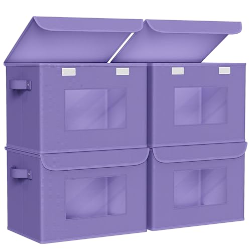 Univivi Fabric Foldable Storage Bins with Lids, 4 Pack, Purple | Stackable Closet Storage Bins, Fabric Closet Organizers and Storage with Lid & Clear Window for Home, Office, Bedroom - color: Purple