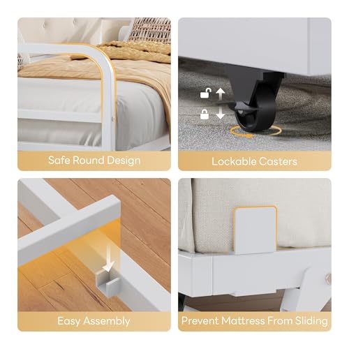 LIKIMIO Daybed with Trundle, Twin Bed Frame,White | with Upholstered Headboard and Charging Station, Sofa Day Bed with Strong Supports for Living Room, Bedroom and Guest Room - color: White