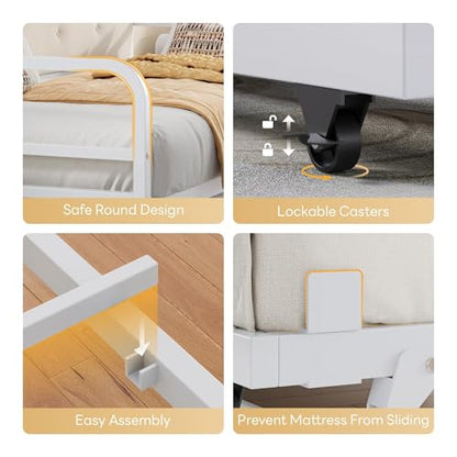 LIKIMIO Daybed with Trundle, Twin Bed Frame,White | with Upholstered Headboard and Charging Station, Sofa Day Bed with Strong Supports for Living Room, Bedroom and Guest Room - color: White