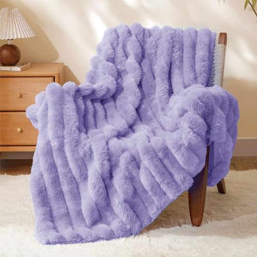 BEDELITE Faux Fur Throw Blanket for Couch, 770GSM, 60" x 80", Lavender | Soft and Cozy Luxurious 3D Striped Fluffy Blanket, Warm Plush Fuzzy Faux Rabbit Fur for Women Gift, Stylish Room Decor - color: Lavender, size: Twin(60"x80")