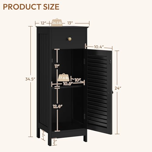 Yaheetech Small Bathroom Storage Cabinet with Drawer & Louvered Door, Black | Slim Free Standing Floor Cabinet Organizer by a Pedestal Sink or Toilet, Hides Tissue and Towels, Shelf inside, MDF Build