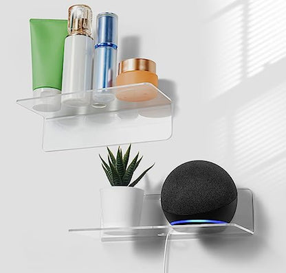 OAPRIRE Acrylic Floating Wall Shelves Clear, No Drill, 9 Inch 2 Pack | Strong Tape Adhesive Wall Shelf, Easy Installation, Hole Design with Cable Clips, Small Spaces Bedroom Bathroom Living Room - color: Fully Clear