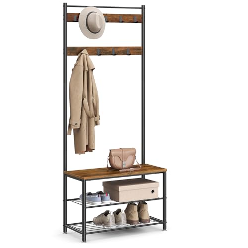 VASAGLE Coat Rack, Hall Tree with Shoe Storage Bench, Entryway Bench with Shoe Storage, 3-in-1, Steel Frame, for Entryway, 12.6 x 27.6 x 68.9 Inches, Industrial, Rustic Brown and Black UHSR41BX - color: Rustic Brown + Black, size: 27.6"W