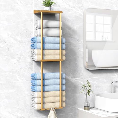 Liuoud Towel Rack for Bathroom, Wall Mounted Vertical Rolled Towel Storage Organizer Holder with Shelf, Holds Up 6 Large Bath Sheets, Gold - color: Gold, size: Standard Size