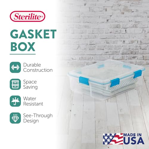 Sterilite Gasket Storage Box with Lids for Home & Office, 37 Quart, 4-Pack | Heavy-Duty, Stackable, and Organizing Containers for Bathroom, Cabinet, Closet, and Garage, Clear and Blue Aquarium Latches - size: 37 Quart, style: 4 Pack