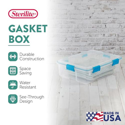 Sterilite Gasket Storage Box with Lids for Home & Office, 37 Quart, 12-Pack | Heavy-Duty, Stackable, and Organizing Containers for Bathroom, Cabinet, Closet, and Garage, Clear and Blue Aquarium Latches - size: 37 Quart, style: 12 Pack