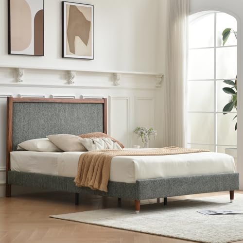 YUHUASHI Full Upholstered Platform Bed Frame with Solid Wood Trim Headboard, Linen Fabric Upholstery, Sturdy Slat Support No Box Spring Needed, Easy Assembly (Green, Full) - color: Green, size: Full