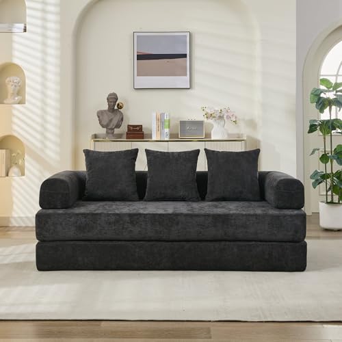Convertible Folding Sofa Bed Modular Floor Couch, 78.8‘’ Cloud Sleeper Sofa with Removable Backrest, Chenille Foldable Mattress Couch, Lazy Loveseat for Small Space, Apartment, Bedroom, Black - color: #3-black