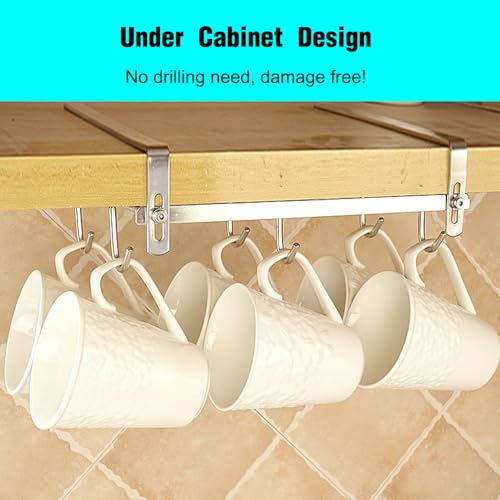 Mug Holder Under Cabinet for 1.18"- 1.96" Thickness Cabinet Base, 9 Hooks Cup Organizer Hanging Coffee Mug Rack Tea Cup and Utensil Hooks Drilling Free Mug Hanger Under Shelf