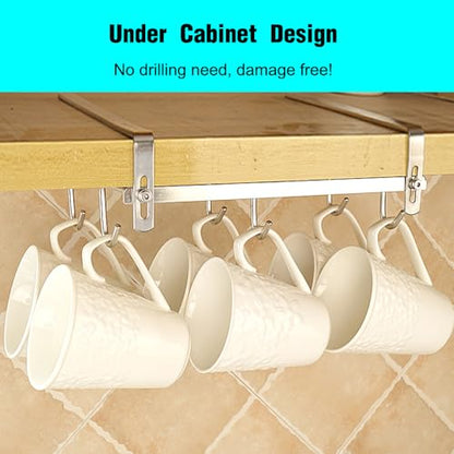 Mug Holder Under Cabinet for 1.18"- 1.96" Thickness Cabinet Base, 9 Hooks Cup Organizer Hanging Coffee Mug Rack Tea Cup and Utensil Hooks Drilling Free Mug Hanger Under Shelf