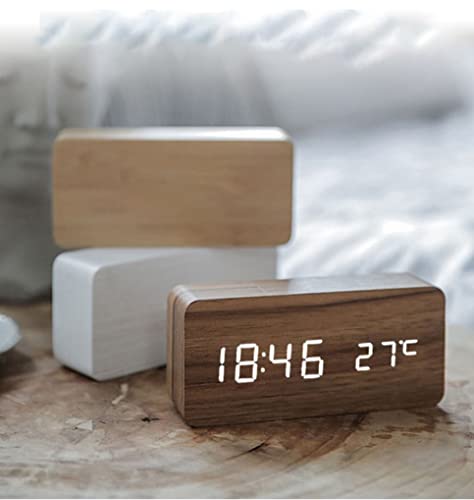 Wood Digital Alarm Clock Desk Time, Date(MM/DD/YY), Day of The Week, Temperature, Nightlight Large LED Display Portable Lamp Bedroom, Office, School, Home, Livingroom, Room (Brown) - color: Brown