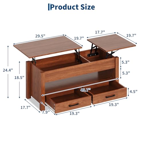 Multifunctional Lift Top Coffee Table, Convertible Wooden Coffee Table with 2 Drawers & Hidden Compartment, Storage Center Table for Living Room Home Office,Brown - color: Brown