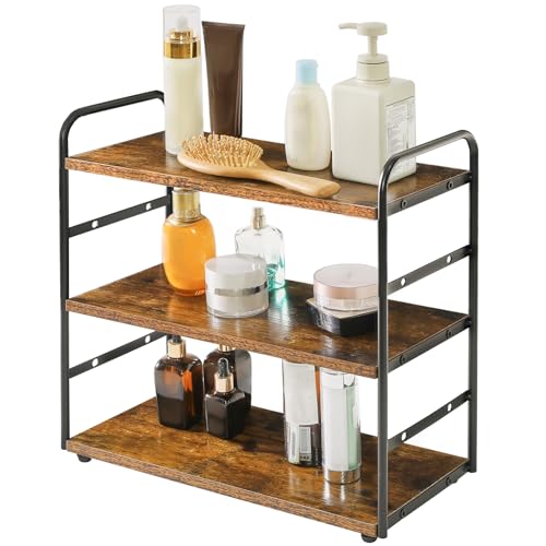 IBUYKE Counter Shelf,Kitchen Organization and Storage,Brown TWJ001H | 3-Tier Bathroom Countertop Organizer Tray Makeup Shelf Counter Standing Spice Rack Storage Shelf Cosmetic Holder - size: square, style: 1