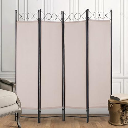 4 Panel Room Divider 6FT Steel Frame Screen Folding Privacy Divider Freestanding Partition for Home Office Bedroom (Tan) - color: Tan