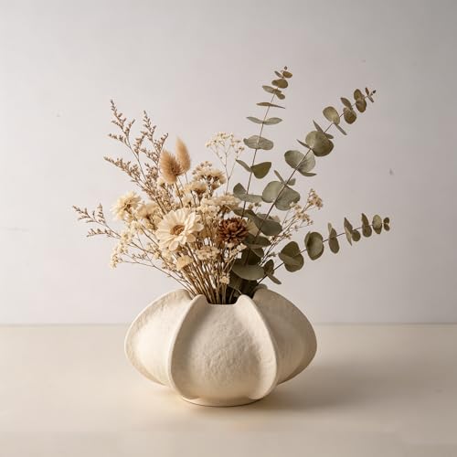 Ceramic Flower Vase Home Decor,3.9" Rustic Vintage Starfruit Shaped Beige Terracotta Vases，Modern Boho Living Room Farmhouse Table Vases Living Room Decor，Shelf Coffee Dining Desk Fireplace - size: 3.9 Inch