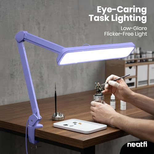 Neatfi XL 2,500 Lumens 30W LED Task Lamp for Manicure Table, Crafts, Workbench, Office – 22” Wide Shade Desk Light | Eye-Caring 6500K | 4-Level Brightness (Lavender, Non-CCT with Clamp) - color: Lavender