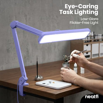 Neatfi XL 2,500 Lumens 30W LED Task Lamp for Manicure Table, Crafts, Workbench, Office – 22” Wide Shade Desk Light | Eye-Caring 6500K | 4-Level Brightness (Lavender, Non-CCT with Clamp) - color: Lavender