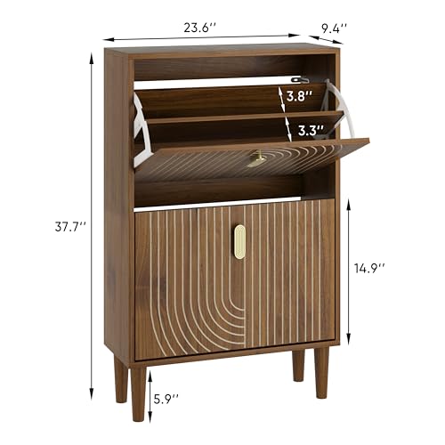 Smuxee Shoe Cabinet with 2 Flip Drawers, 23.6" Walnut Hidden Shoe Storage Cabinet with Line Groove Design, Freestanding Shoe Organizer Cabinet for Entryway, Hallway, Living Room - color: Walnut With Flip Drawers, size: 23.6" (60 cm)