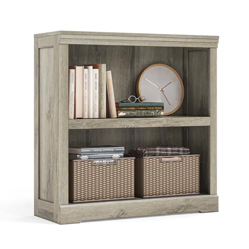 LINSY HOME 2-Tier Bookcase and Bookshelf, Small Wood Display Storage Shelves Farmhouse Bookshelf for Home Office, Living Room, Bed Room - Light Brown - color: Light Brown, size: 2 Shelf Standard 31.8"H