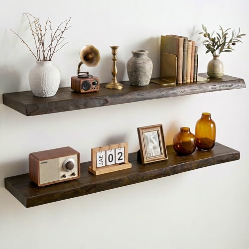 Dreamland 36 Inch Long Floating Shelves Set of 2, Rustic Solid Elm Wood Live Edge Floating Shelf Wall Mounted, 8 Inch Deep Wooden Wall Shelves for Living Room, Bedroom, Bathroom, Kitchen, Walnut - color: Walnut, size: Live Edge - 36"L