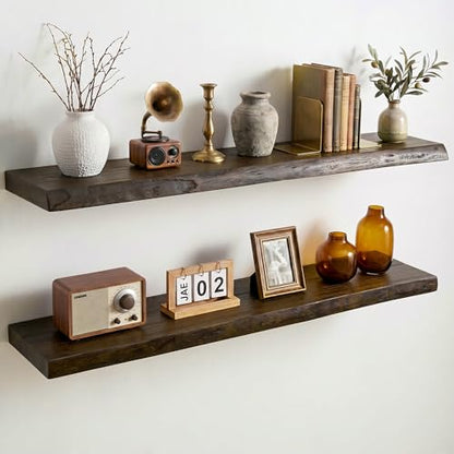 Dreamland 36 Inch Long Floating Shelves Set of 2, Rustic Solid Elm Wood Live Edge Floating Shelf Wall Mounted, 8 Inch Deep Wooden Wall Shelves for Living Room, Bedroom, Bathroom, Kitchen, Walnut - color: Walnut, size: Live Edge - 36"L