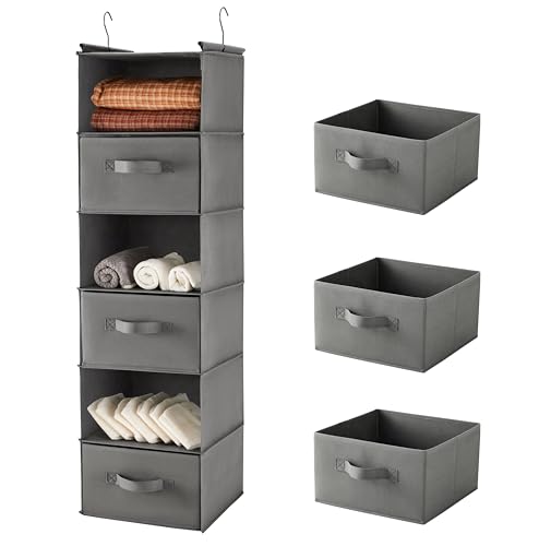 MAX Houser 6 Tier Shelf Hanging Closet Organizer, Closet Hanging Shelf with 2 Sturdy Hooks for Storage, Foldable (Grey-D3) | foldable lightweight fabric space-saving design for Bedroom, Closet Hanging Shelf for Storage with Removable Drawers - color: Grey