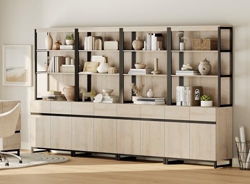 WAMPAT 4 PCS Modern 72" Tall Bookshelf with Metal Base and Adjustable Shelves, Library Bookcase with Storage Cabinet and Open Book Shelfs, Wood Bookshelves for Home Office, Living Room, Beige - color: Beige-a, size: 4 PCS