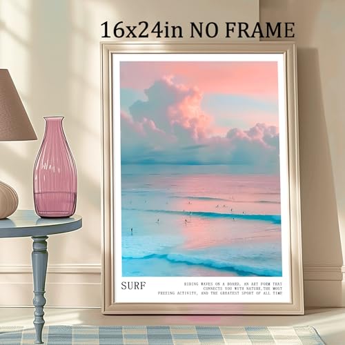 Pink and Blue Coastal Wall Art Cute Preppy Summer Pictures Aesthetic Summer Posters Trendy Beach Pictures Blue Ocean Painting Coastal Cowgirl Artwork Beach Wave Picture for Home Room 16x24in Frameless - color: C1Unframed