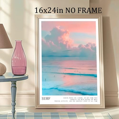 Pink and Blue Coastal Wall Art Cute Preppy Summer Pictures Aesthetic Summer Posters Trendy Beach Pictures Blue Ocean Painting Coastal Cowgirl Artwork Beach Wave Picture for Home Room 16x24in Frameless - color: C1Unframed