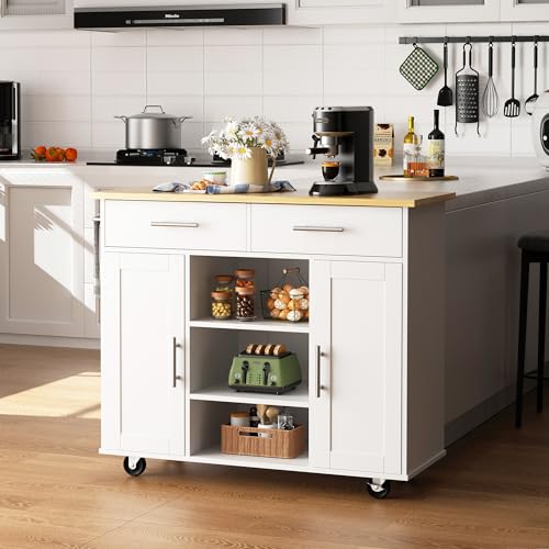 Shintenchi Kitchen Island with Storage, Kitchen Island Cart on Wheels with 3 Open Shelves, 2 Drawers and 2 Cabinets, Rolling Kitchen Table with Large Countertop, White - color: Green and White-26 Inch