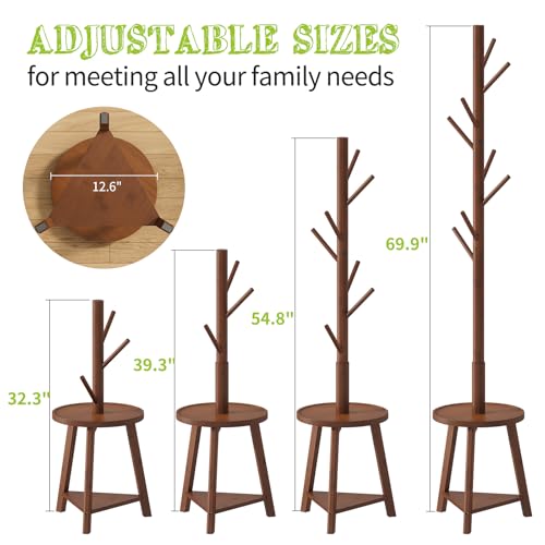 BMOSU Coat Rack freestanding Stand with 2 Shelves Bamboo Wooden Coat Tree Easy Assembly 8 Hooks Standing Jackets Hanger Hallway Office Floor Coat Stand Brown - color: BROWN