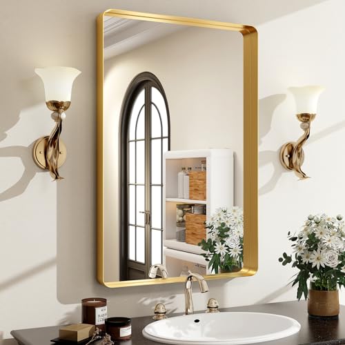 Easly 36 x 24 Inch Gold Bathroom Mirror for Wall,Aluminum Alloy Frame Rectangular Wall Mounted Mirror for Farmhouse Decor Horizontal or Vertical Ideal for Bedroom, Living Room - color: Gold, size: 36"L x 24"W