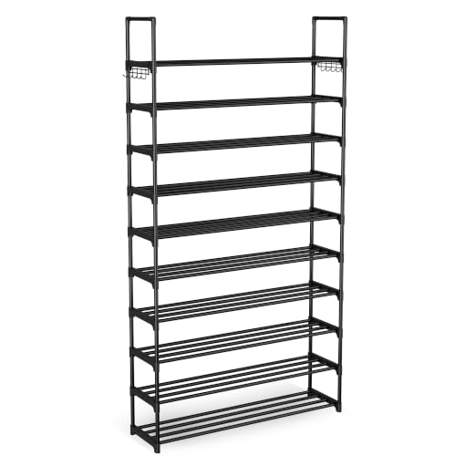 Shoe Rack for Entryway 10-Tiers Large Capacity Metal Shoe Rack Organizer with Two Hooks Holds 40-50 Pairs Shoes and Boots Free Standing Tall Shoe Shelf for Closet/Bedroom/Garage/Hallway Black