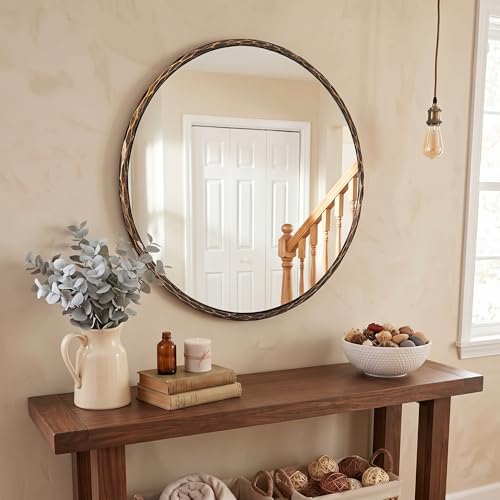 Hand-Forged Bronze Round Bathroom Mirror, 32 Inch Antique Oil Rubbed Bronze Circular Mirror, Solid Steel Hammered Frame, for Wall Decor, Vanity, Entry, Fireplace, Mantle - color: Bronze, size: 32"L x 32"W