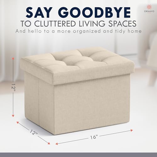 Ornavo Home Small Rectangle Storage Ottoman, Linen, 12x16x12, Beige | Collapsible Cube Design; Foot Rest Stool Seat; Ideal for Living Room, Bedroom, Home Office or Dorm - color: Beige