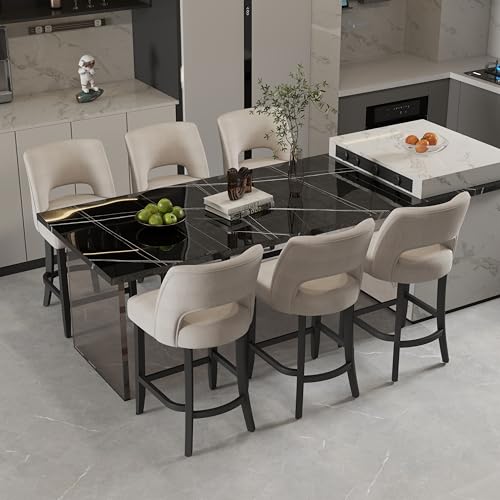 VKNOW Bar Stools Set of 6, 26" Upholstered Counter Height Bar Stools | Modern Counter Stools with Black Rubberwood Legs for Kitchen Island Dining Room Bar, Beige-Black Legs - color: Beige-black Legs, size: Set of 6