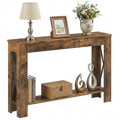 Farmhouse Console Table, 39.4'' Small Narrow Entryway Table, Wood Couch Table Behind Sofa with Storage Shelf, Slim Farmhouse Hallway Table for Living Room, Hallway, Foyer, Rustic Brown CT34RR - color: Rustic Brown