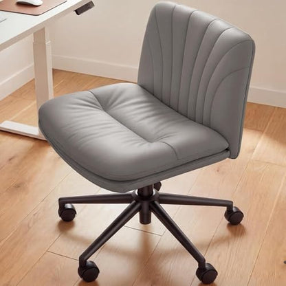 Marsail Criss Cross Office Chair with Wheels, Armless Wide Desk Chair for Active Sitting, PU Leather Cross Legged Chair for Home Office, Pet-Friendly & Easy Clean, Grey - color: Grey