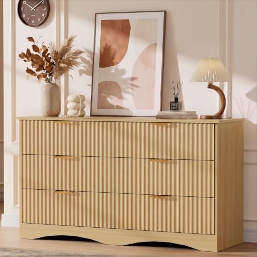 YESHOMY Bedroom Dresser, 47.2" Fluted Wood Dressers, 6 Drawer Dresser | Modern Chest of Drawers, Storage Organizer, Anti-Tip, Metal Handle, TV Stand for Living Room - color: Natural