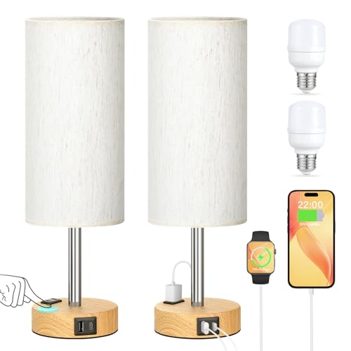 Touch Bedside Table Lamps Set of 2 - Bedroom Lamp with USB A+C, AC Outlet | 3-Way Dimmable, LED Bulb Included, Linen-Texture Fabric Lampshade, Wood-Grain Metal Base, 14" Small Nightstand Lamp for Dorm - color: Wood Base Cream Shade, size: 14.0In