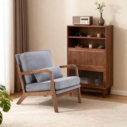 DUMOS Mid Century Modern Accent Chair, 16'' Seat Height Cozy Lounge Chair | Upholstered Armchair with Waist Cushion and Wood Frame for Living Room, Bedroom, Reading Nook, Balcony, Classic Grey - color: Classic Grey, size: 1 Pack