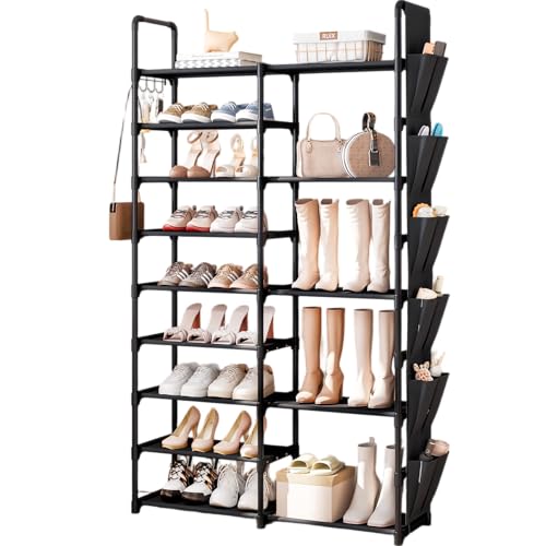 9 Tier Shoe Rack Organizer with Hook and Side Pocket, Holds 25-35 Pairs | Entryway Heavy Duty Shoe Rack, Tall Shoe Boot Storage, Metal Shelf for Storing Handbags, Boxes, Books, Umbrella, Keys, Hats - size: M 9-Tier