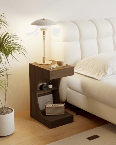 Veegle C-Shaped Side Table, Narrow End Table with Storage Shelf, C Table for Small Space, Small Coffee Tables for Living Room Bedroom (Walnut Brown)