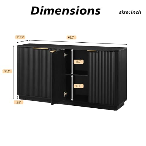 Modern 63 inch TV Stand, Black Media Console with Storage Cabinets and Vertical Stripe Design for Living Room, Curved Entertainment Center with Gold Handles for Bedroom and Hallway, Black-B - color: Black-b