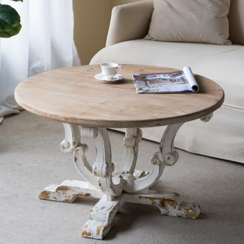 31.5" Round Solid Wood Coffee Table for Farmhouse Living Room | Retro Wooden Center Table with Distressed White Finish & Scrollwork Legs, Circle Tea Table, Easy Assembly, Antique White - color: B-31.5" Antique White