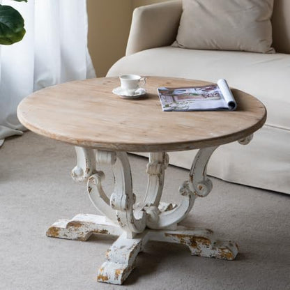 31.5" Round Solid Wood Coffee Table for Farmhouse Living Room | Retro Wooden Center Table with Distressed White Finish & Scrollwork Legs, Circle Tea Table, Easy Assembly, Antique White - color: B-31.5" Antique White