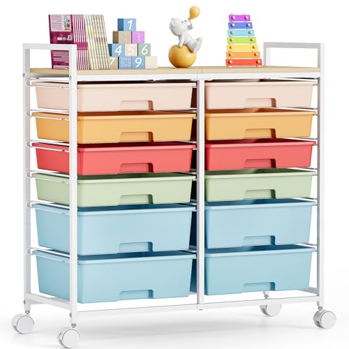 TOOLF 12 Drawers Rolling Storage Cart with Wooden Top for Classroom,Rainbow | Teacher Cart Craft Art Supply Organizer, Utility Cart with Lockable Wheels for Home Household Essentials, Office Organization - color: Rainbow