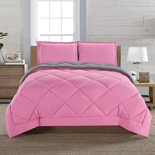 Elegant Comfort Reversible 3-Piece Comforter Set All Season, Ultra Soft, Down Alternative Comforter, F/Q, Pink/Gray - color: Pink/Gray, size: Full/Queen