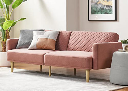 mopio 76.4" Futon Sofa Bed Chevron Styled, Sleeper Couch (Old Rosa Velvet) | Reclines flat for surprise sleepovers; space-savvy design and tapered legs add mid-century warmth. - color: Old Rosa Velvet